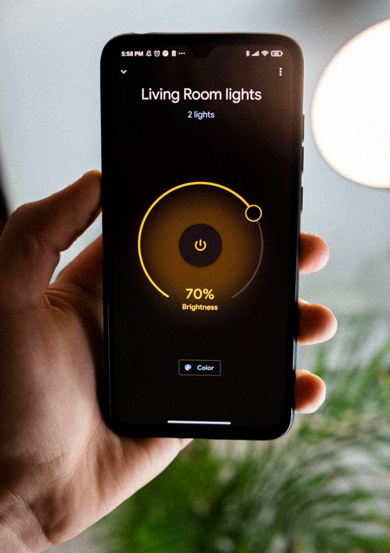 Ein schwarzes I Phone zeigt die Einstellung für die Smart-Home-Installationen im Wohnzimmer an.