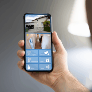 Auf einem Smartphone wird die App eines Smart Homes Systems angezeigt. Darüber kann man die Bilder der Überwachungskameras sehen und Einstellungen wie Temperatur und Licht im Gebäude vornehmen.