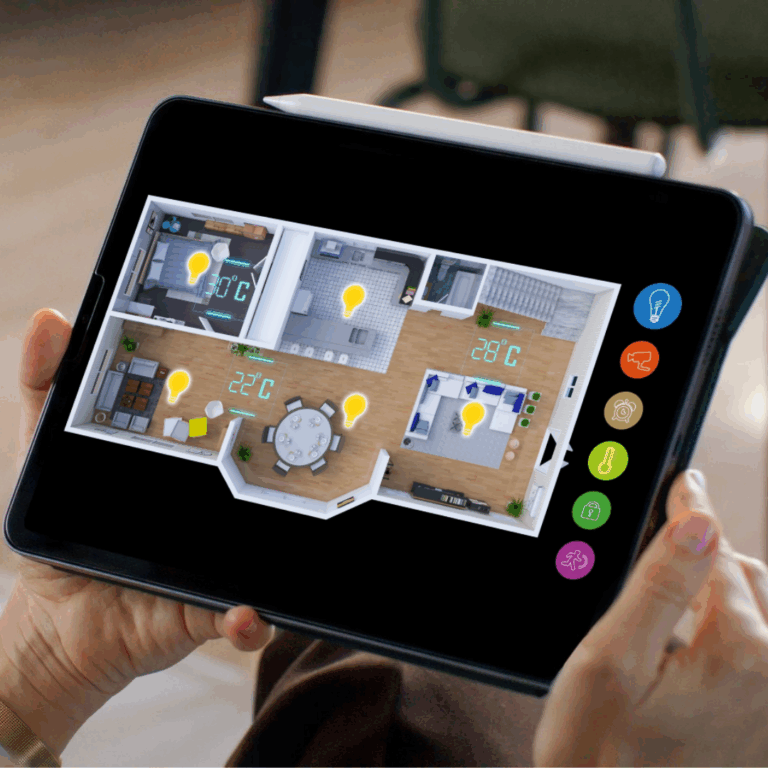 Ein Tablet zeigt die Temperatur in den einzelnen Räumen einer Wohnung an.